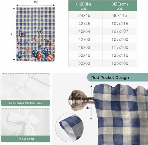 Independence Day Tie Up Curtains for Window, Flag Balloons Butterflies Blue Plaid Thermal Insulated Balloon Shade Adjustable Rod Pocket Curtains Valance Panels for Kitchen Bathroom Café 46'' x 63'' in Saudi Arabia