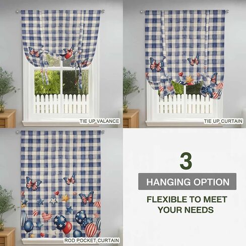 Independence Day Tie Up Curtains for Window, Flag Balloons Butterflies Blue Plaid Thermal Insulated Balloon Shade Adjustable Rod Pocket Curtains Valance Panels for Kitchen Bathroom Café 46'' x 63'' in Saudi Arabia