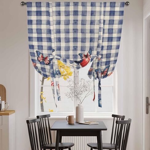 Independence Day Tie Up Curtains for Window, Flag Balloons Butterflies Blue Plaid Thermal Insulated Balloon Shade Adjustable Rod Pocket Curtains Valance Panels for Kitchen Bathroom Café 46'' x 63'' in Saudi Arabia