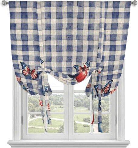 Independence Day Tie Up Curtains for Window, Flag Balloons Butterflies Blue Plaid Thermal Insulated Balloon Shade Adjustable Rod Pocket Curtains Valance Panels for Kitchen Bathroom Café 46'' x 63'' in Saudi Arabia
