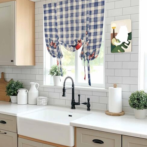 Independence Day Tie Up Curtains for Window, Flag Balloons Butterflies Blue Plaid Thermal Insulated Balloon Shade Adjustable Rod Pocket Curtains Valance Panels for Kitchen Bathroom Café 46'' x 63'' in Saudi Arabia