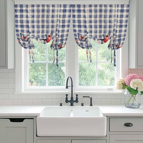 Independence Day Tie Up Curtains for Window, Flag Balloons Butterflies Blue Plaid Thermal Insulated Balloon Shade Adjustable Rod Pocket Curtains Valance Panels for Kitchen Bathroom Café 46'' x 63'' in Saudi Arabia