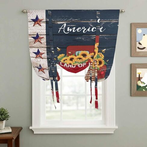 Independence Day Tie Up Curtains for Window, Country Retro Truck Sunflowers Star Wood Thermal Balloon Shade Adjustable Rod Pocket Curtains Valance Panels for Kitchen Bathroom Café 42'' x 45'' in Saudi Arabia
