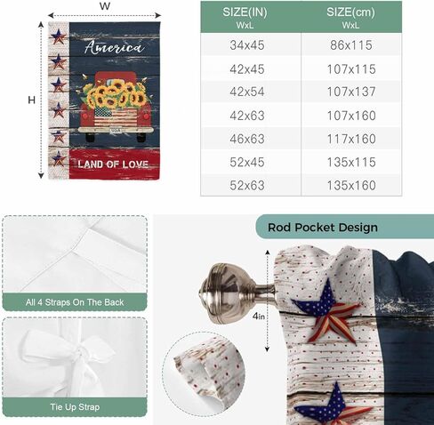 Independence Day Tie Up Curtains for Window, Country Retro Truck Sunflowers Star Wood Thermal Balloon Shade Adjustable Rod Pocket Curtains Valance Panels for Kitchen Bathroom Café 42'' x 45'' in Saudi Arabia