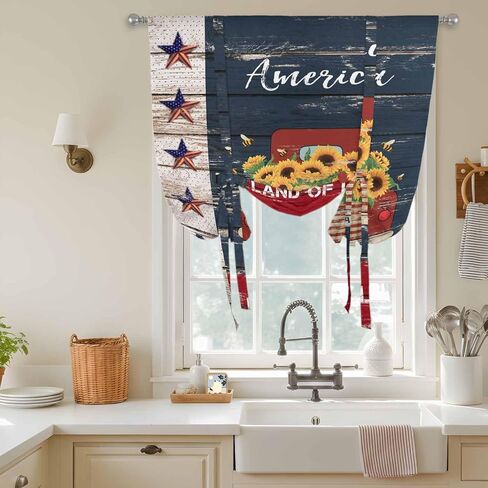 Independence Day Tie Up Curtains for Window, Country Retro Truck Sunflowers Star Wood Thermal Balloon Shade Adjustable Rod Pocket Curtains Valance Panels for Kitchen Bathroom Café 42'' x 45'' in Saudi Arabia