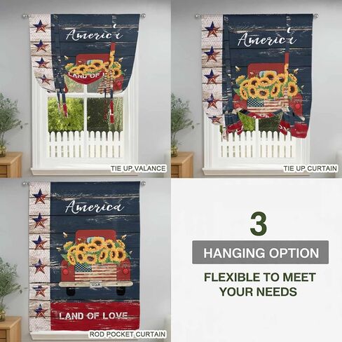 Independence Day Tie Up Curtains for Window, Country Retro Truck Sunflowers Star Wood Thermal Balloon Shade Adjustable Rod Pocket Curtains Valance Panels for Kitchen Bathroom Café 42'' x 45'' in Saudi Arabia