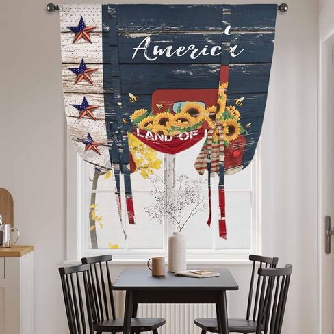 Independence Day Tie Up Curtains for Window, Country Retro Truck Sunflowers Star Wood Thermal Balloon Shade Adjustable Rod Pocket Curtains Valance Panels for Kitchen Bathroom Café 42'' x 45'' in Saudi Arabia