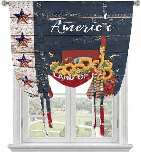 Independence Day Tie Up Curtains for Window, Country Retro Truck Sunflowers Star Wood Thermal Balloon Shade Adjustable Rod Pocket Curtains Valance Panels for Kitchen Bathroom Café 42'' x 45'' in Saudi Arabia