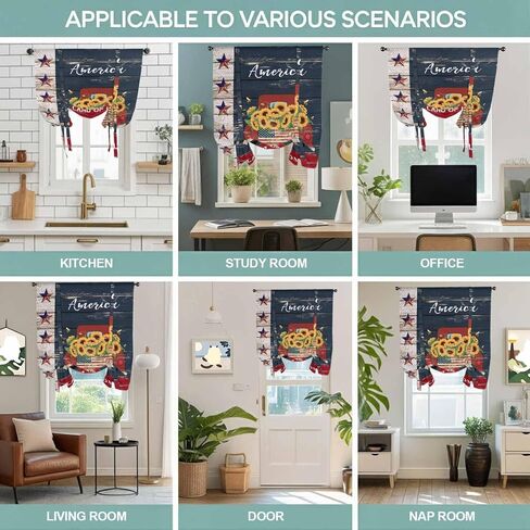 Independence Day Tie Up Curtains for Window, Country Retro Truck Sunflowers Star Wood Thermal Balloon Shade Adjustable Rod Pocket Curtains Valance Panels for Kitchen Bathroom Café 42'' x 45'' in Saudi Arabia