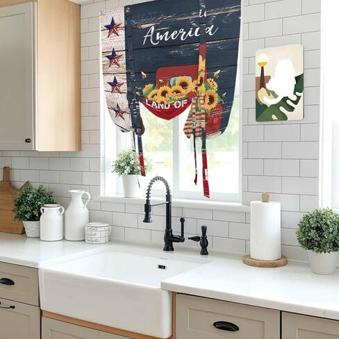 Independence Day Tie Up Curtains for Window, Country Retro Truck Sunflowers Star Wood Thermal Balloon Shade Adjustable Rod Pocket Curtains Valance Panels for Kitchen Bathroom Café 42'' x 45'' in Saudi Arabia