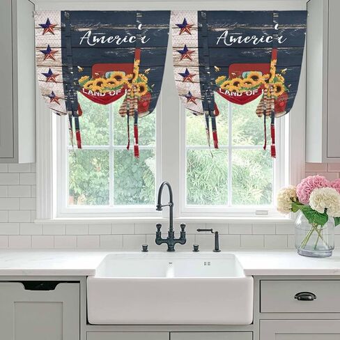 Independence Day Tie Up Curtains for Window, Country Retro Truck Sunflowers Star Wood Thermal Balloon Shade Adjustable Rod Pocket Curtains Valance Panels for Kitchen Bathroom Café 42'' x 45'' in Saudi Arabia