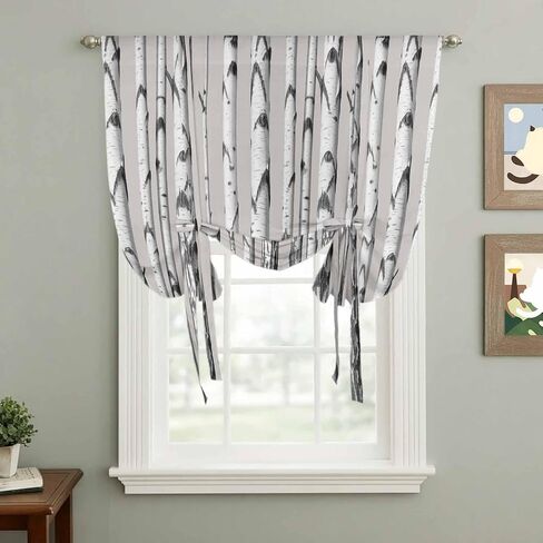 Birch Trees Tie Up Curtains for Window, Forest Vintage Abstract Wooden Gray Thermal Insulated Balloon Shade Adjustable Rod Pocket Curtains Valance Panels for Kitchen Bathroom Café 46'' x 63'' in Saudi Arabia