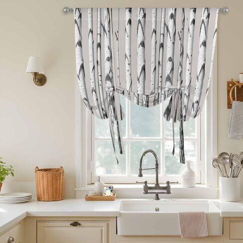 Birch Trees Tie Up Curtains for Window, Forest Vintage Abstract Wooden Gray Thermal Insulated Balloon Shade Adjustable Rod Pocket Curtains Valance Panels for Kitchen Bathroom Café 46'' x 63'' in Saudi Arabia