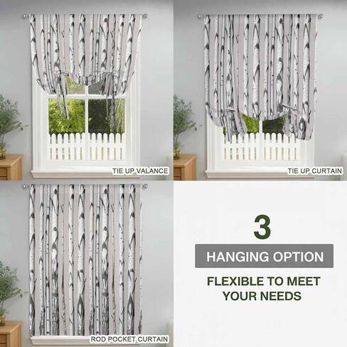 Birch Trees Tie Up Curtains for Window, Forest Vintage Abstract Wooden Gray Thermal Insulated Balloon Shade Adjustable Rod Pocket Curtains Valance Panels for Kitchen Bathroom Café 46'' x 63'' in Saudi Arabia
