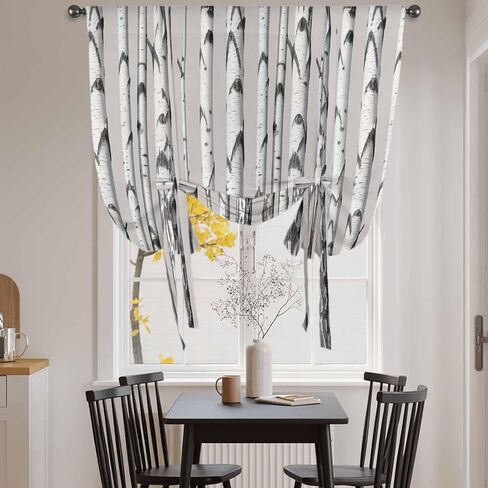 Birch Trees Tie Up Curtains for Window, Forest Vintage Abstract Wooden Gray Thermal Insulated Balloon Shade Adjustable Rod Pocket Curtains Valance Panels for Kitchen Bathroom Café 46'' x 63'' in Saudi Arabia