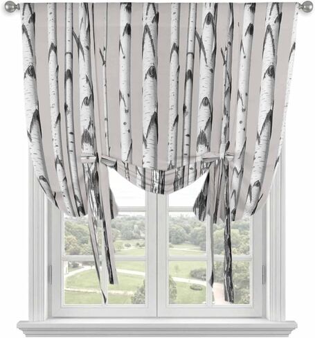 Birch Trees Tie Up Curtains for Window, Forest Vintage Abstract Wooden Gray Thermal Insulated Balloon Shade Adjustable Rod Pocket Curtains Valance Panels for Kitchen Bathroom Café 46'' x 63'' in Saudi Arabia