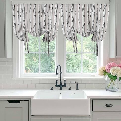 Birch Trees Tie Up Curtains for Window, Forest Vintage Abstract Wooden Gray Thermal Insulated Balloon Shade Adjustable Rod Pocket Curtains Valance Panels for Kitchen Bathroom Café 46'' x 63'' in Saudi Arabia