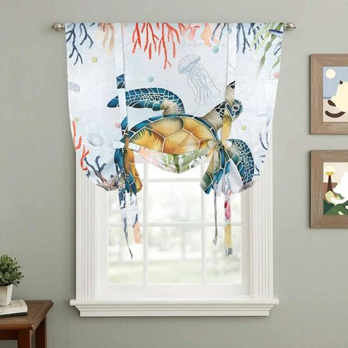 Coastal Sea Turtle Tie Up Curtains for Window, Marine Coral Jellyfish Starfish Oceans Thermal Balloon Shade Adjustable Rod Pocket Curtains Valance Panels for Kitchen Bathroom Café 42'' x 45'' in Saudi Arabia