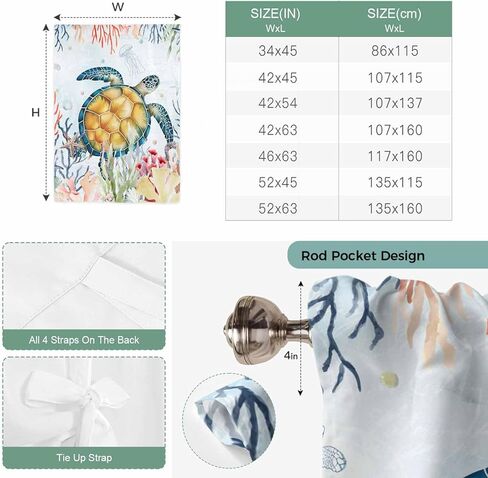 Coastal Sea Turtle Tie Up Curtains for Window, Marine Coral Jellyfish Starfish Oceans Thermal Balloon Shade Adjustable Rod Pocket Curtains Valance Panels for Kitchen Bathroom Café 42'' x 45'' in Saudi Arabia