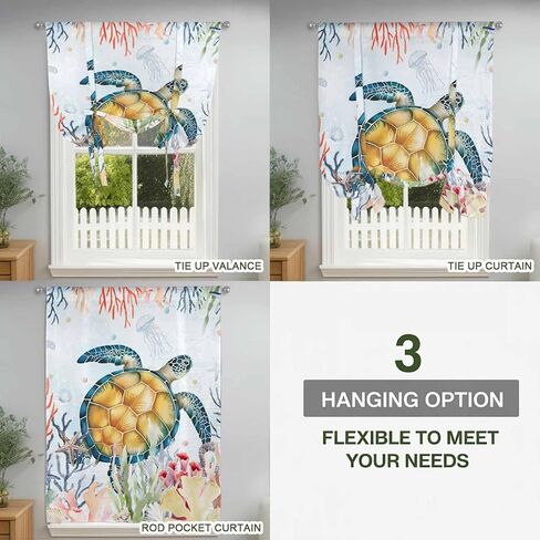 Coastal Sea Turtle Tie Up Curtains for Window, Marine Coral Jellyfish Starfish Oceans Thermal Balloon Shade Adjustable Rod Pocket Curtains Valance Panels for Kitchen Bathroom Café 42'' x 45'' in Saudi Arabia