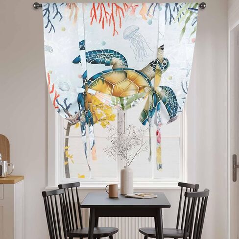 Coastal Sea Turtle Tie Up Curtains for Window, Marine Coral Jellyfish Starfish Oceans Thermal Balloon Shade Adjustable Rod Pocket Curtains Valance Panels for Kitchen Bathroom Café 42'' x 45'' in Saudi Arabia