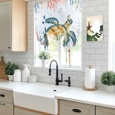 Coastal Sea Turtle Tie Up Curtains for Window, Marine Coral Jellyfish Starfish Oceans Thermal Balloon Shade Adjustable Rod Pocket Curtains Valance Panels for Kitchen Bathroom Café 42'' x 45'' in Saudi Arabia