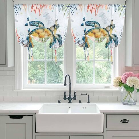 Coastal Sea Turtle Tie Up Curtains for Window, Marine Coral Jellyfish Starfish Oceans Thermal Balloon Shade Adjustable Rod Pocket Curtains Valance Panels for Kitchen Bathroom Café 42'' x 45'' in Saudi Arabia