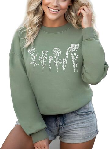 Verita Culture Wildflowers botanical plant Women's Long Sleeve Crewneck Sweatshirt flower Print Graphic Shirts Pullover Tops Sand in Kuwait