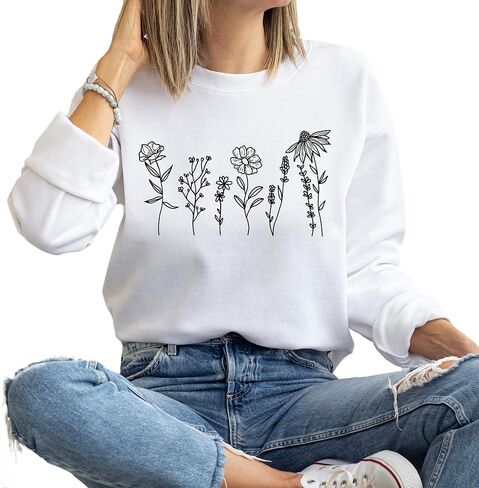 Verita Culture Wildflowers botanical plant Women's Long Sleeve Crewneck Sweatshirt flower Print Graphic Shirts Pullover Tops Sand in Kuwait