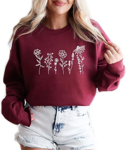 Verita Culture Wildflowers botanical plant Women's Long Sleeve Crewneck Sweatshirt flower Print Graphic Shirts Pullover Tops Sand in Kuwait