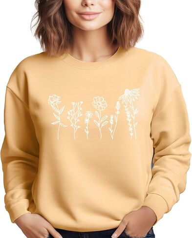 Verita Culture Wildflowers botanical plant Women's Long Sleeve Crewneck Sweatshirt flower Print Graphic Shirts Pullover Tops Sand in Kuwait