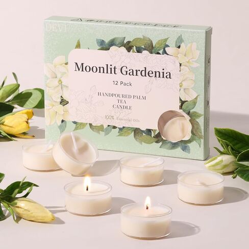 DEVI Moonlit Gardenia المعطرة أضواء الشاي الشموع 12 حزمة، 3.5-4 ساعات شموع شاي النخيل الطبيعية السائبة للمنزل المعطرة، ناخبين صغيرين معطرة للغاية مع الزيوت العطرية للعلاج بالروائح المنزلية، والهدايا in Kuwait