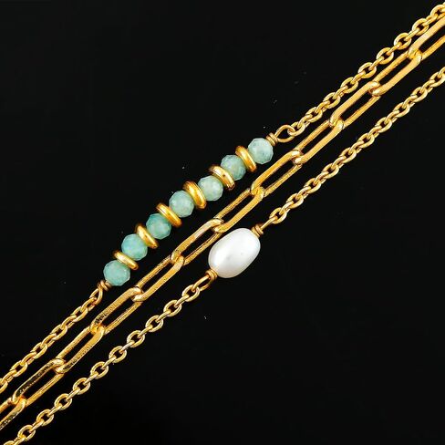 Beads With Pearl 3 Layered Bracelets for Women 14k Gold Plated Dainty Stackable for Women Trendy Layering, Cuban Link, Paperclip Chain, For Women Gifts in Saudi Arabia