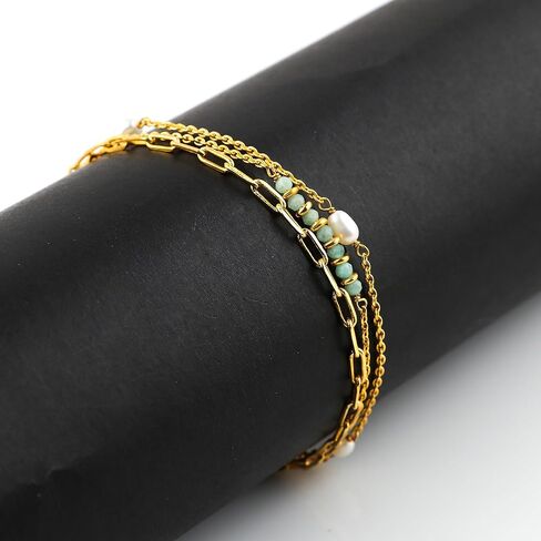 Beads With Pearl 3 Layered Bracelets for Women 14k Gold Plated Dainty Stackable for Women Trendy Layering, Cuban Link, Paperclip Chain, For Women Gifts in Saudi Arabia