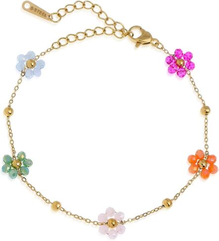 Colorful Daisy Flower Beaded Bracelets for Women, Cute Handmade Floral Gold Beads Adjustable Bracelet Spring Boho Jewelry Gift in Kuwait