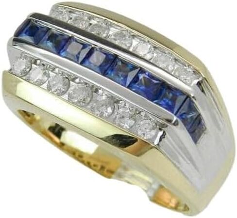 خاتم على شكل أميرة 2.50 قيراط من الياقوت الأزرق ومستدير مقلد من الماس الأبيض للرجال لحفلات الزفاف والخطوبة والذكرى السنوية مطلي بالذهب عيار 14 قيراط بلونين in Kuwait