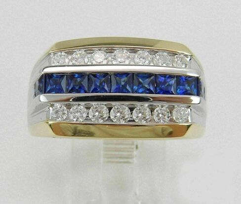 خاتم على شكل أميرة 2.50 قيراط من الياقوت الأزرق ومستدير مقلد من الماس الأبيض للرجال لحفلات الزفاف والخطوبة والذكرى السنوية مطلي بالذهب عيار 14 قيراط بلونين in Kuwait