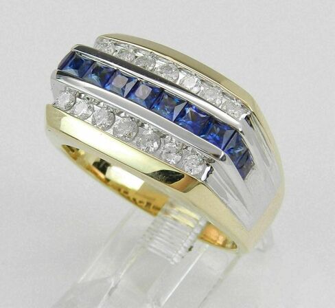 خاتم على شكل أميرة 2.50 قيراط من الياقوت الأزرق ومستدير مقلد من الماس الأبيض للرجال لحفلات الزفاف والخطوبة والذكرى السنوية مطلي بالذهب عيار 14 قيراط بلونين in Kuwait