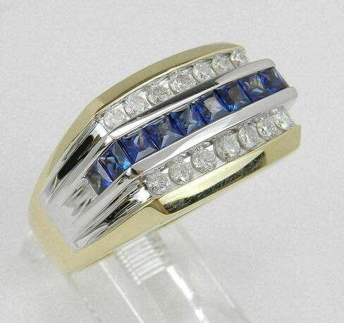 خاتم على شكل أميرة 2.50 قيراط من الياقوت الأزرق ومستدير مقلد من الماس الأبيض للرجال لحفلات الزفاف والخطوبة والذكرى السنوية مطلي بالذهب عيار 14 قيراط بلونين in Kuwait