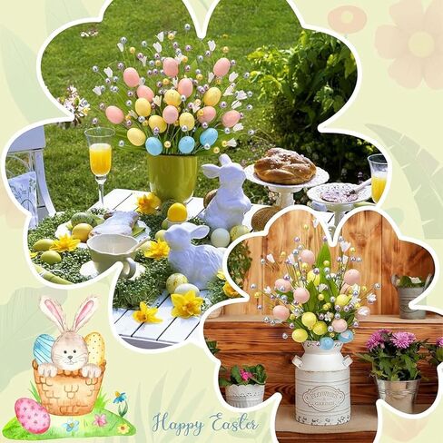 RHN Artificial Easter Eggs Stems Decorations for Vases- 2PCS 16IN Spring Easter Floral Picks Stems with Colorful Eggs Berries and Flowers for Easter Home Centerpiece Table Vase Arrangement Decor in Saudi Arabia