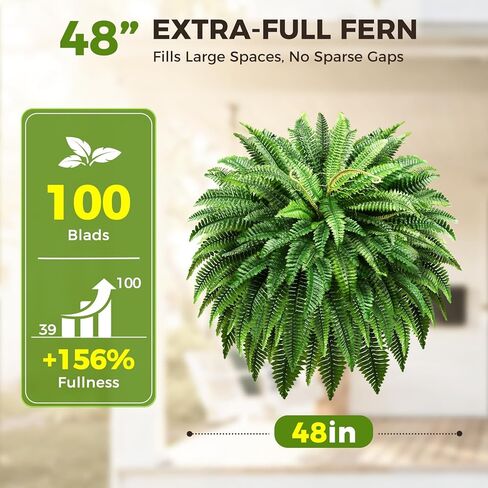 Suntee 48 "سرخس اصطناعي كبير 2 حزمة، نبات سرخس بوسطن وهمية واقعية مع 100 سعفة قابلة للانحناء، مقاومة للأشعة فوق البنفسجية صفر صيانة بوش فو للحديقة في الهواء الطلق فناء الشرفة غرفة المعيشة ديكور المنزل in Kuwait