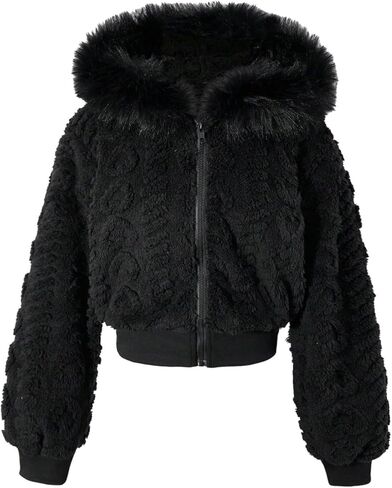WDIRARA Girl's Faux Fur Collar Zip Up Fleece Jackets Long Sleeve Hooded Teddy Outerwear in Saudi Arabia