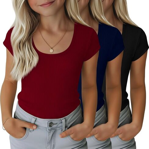 مجموعة من 3 تي شيرتات مضلعة للفتيات للأطفال بأكمام قصيرة ورقبة واسعة كاجوال منسوجة بقصة ضيقة للصيف من 5 إلى 14 سنة in Kuwait