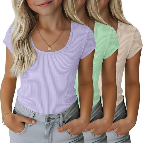 3 Pack Girls' Ribbed T-Shirts Kids Cap Sleeves Tops Casual Scoop Neck Knit Slim Fit Summer Tee 5-14 Years in Saudi Arabia