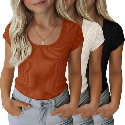 3 Pack Girls' Ribbed T-Shirts Kids Cap Sleeves Tops Casual Scoop Neck Knit Slim Fit Summer Tee 5-14 Years in Saudi Arabia