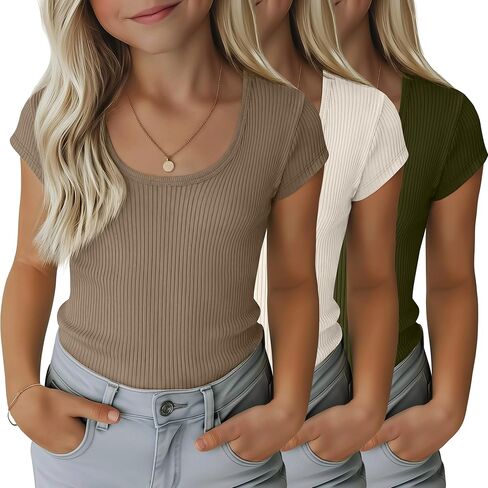 3 Pack Girls' Ribbed T-Shirts Kids Cap Sleeves Tops Casual Scoop Neck Knit Slim Fit Summer Tee 5-14 Years in Saudi Arabia