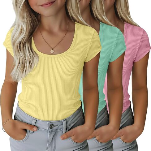 3 Pack Girls' Ribbed T-Shirts Kids Cap Sleeves Tops Casual Scoop Neck Knit Slim Fit Summer Tee 5-14 Years in Saudi Arabia