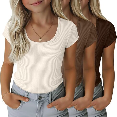 3 Pack Girls' Ribbed T-Shirts Kids Cap Sleeves Tops Casual Scoop Neck Knit Slim Fit Summer Tee 5-14 Years in Saudi Arabia