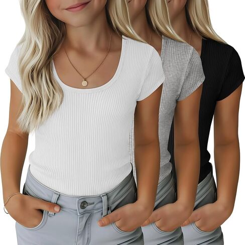 3 Pack Girls' Ribbed T-Shirts Kids Cap Sleeves Tops Casual Scoop Neck Knit Slim Fit Summer Tee 5-14 Years in Saudi Arabia