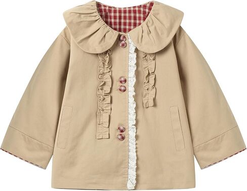 Toddler Girls Peter Pan Collar Jacket Plaid Accents Lace Ruffle Trim Button Jackets 2-6Y in Kuwait